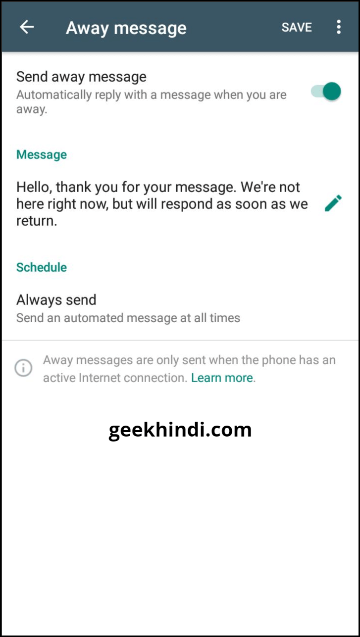 away messages - whatsapp business app