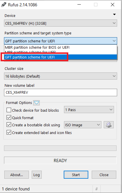 select uefi partition in rufus tool