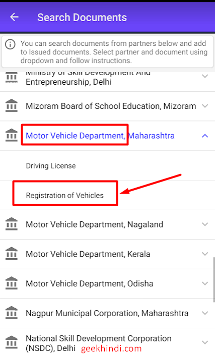 select motor vehicle department to download rc book