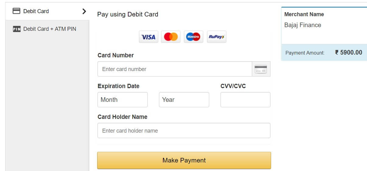 enter payment details to pay online baja emi