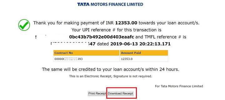 tata finance online payment receipt