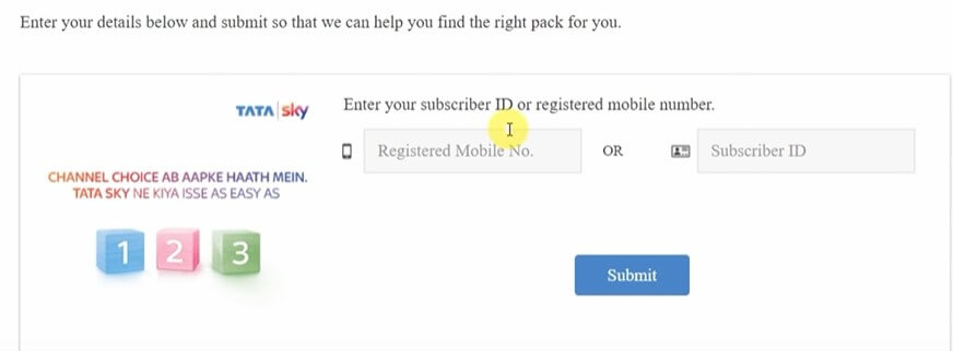 enter tata sky subscriber id or registered mobile number
