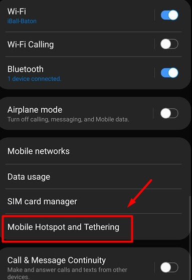 tap on mobile hotspot and tethering option