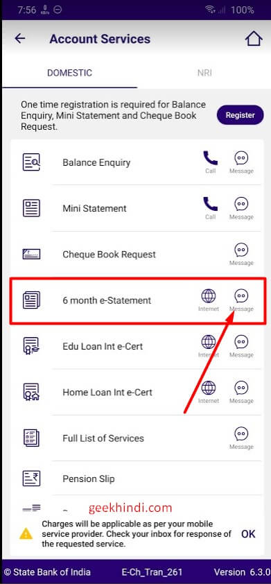 click on 6 month e statement on sbi quick app