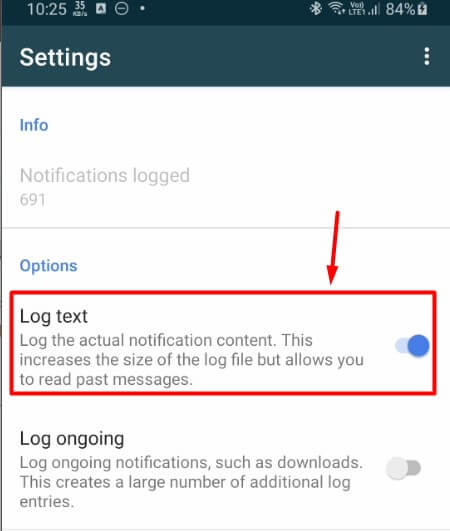 enable log text in notification log app