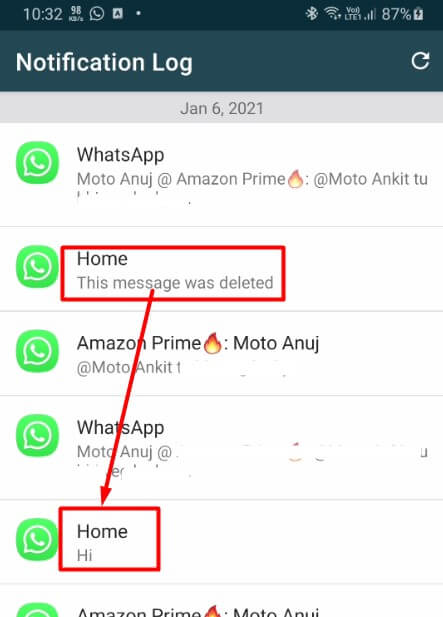 read deleted message in whatsapp using notification log app
